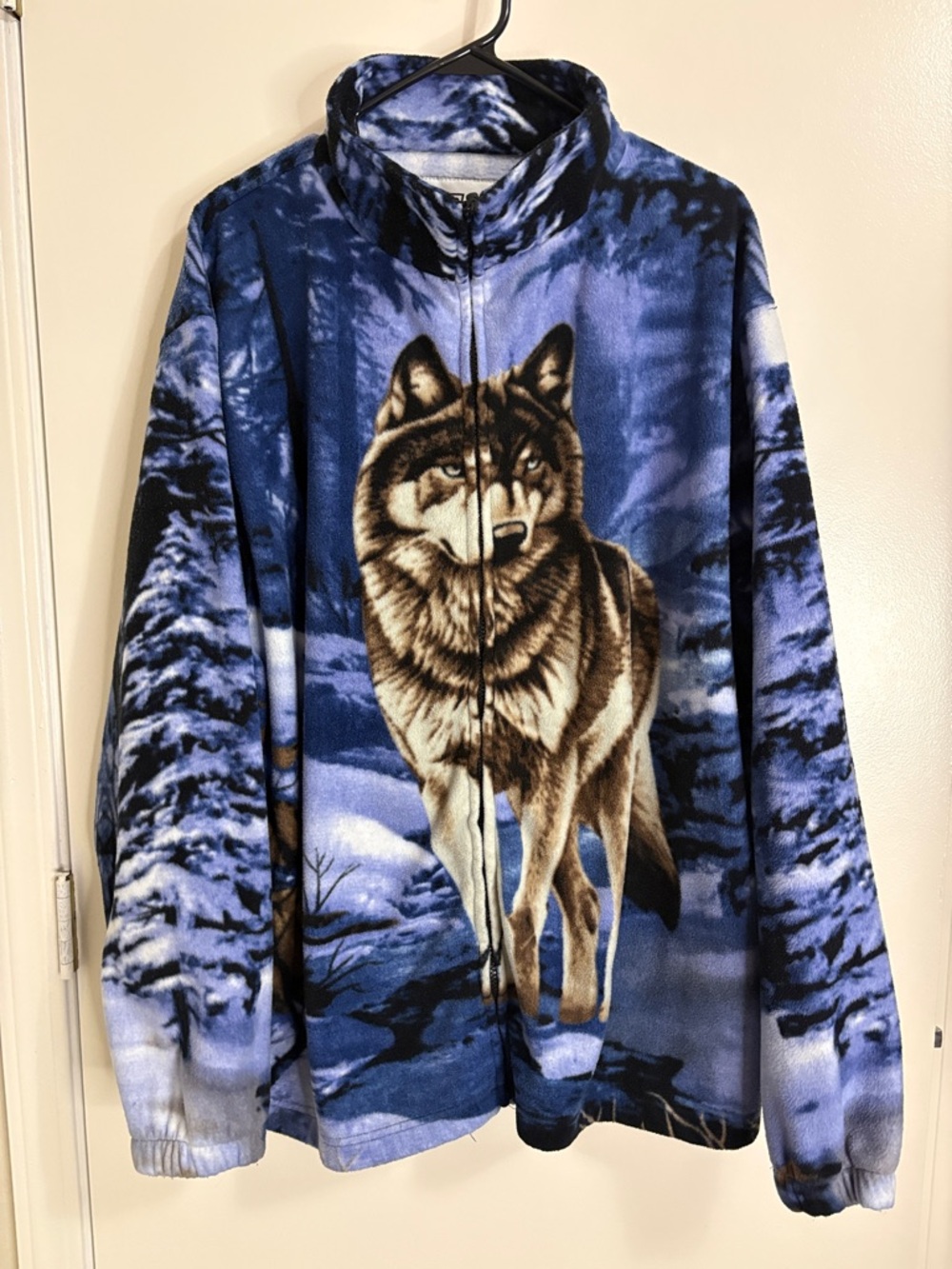 Men's Blue Wolf-Print Full-Zip Fleece Jacket